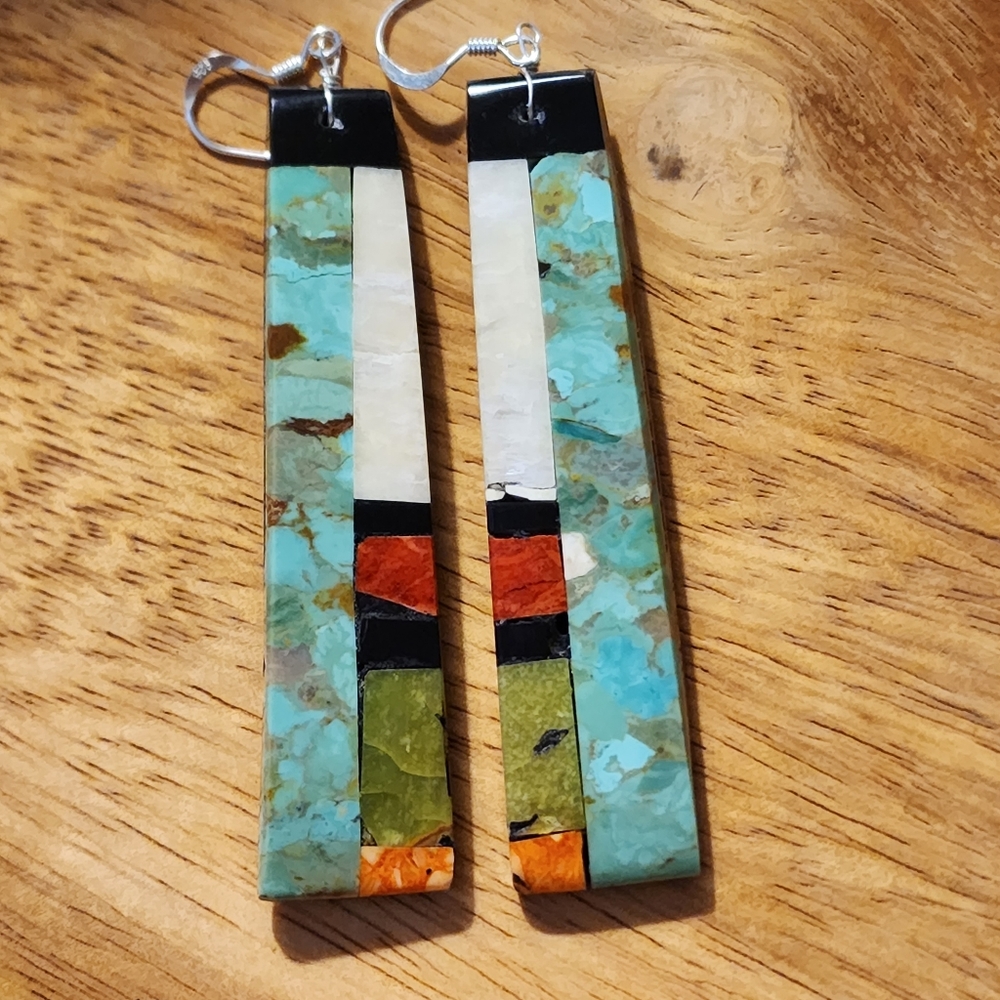 Native American Multi Stone Inlay Earrings - Picture 1 of 9